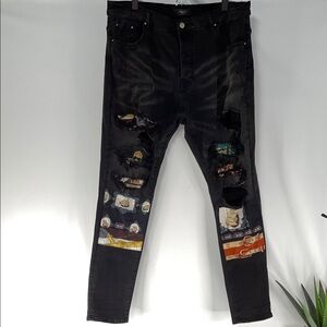 ART PATCH DISTRESSED STRETCH DENIM JEANS FTL-01-121